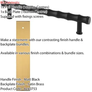 Pull Handle & Contrasting Backplate Set - Modern Bamboo T Bar - Matt Black & Satin Brass