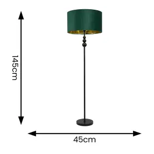 ValueLights Marissa Black Stacked Ball Floor Lamp with Forest Green Velvet with Gold Inner Lamp Shade and Bulb