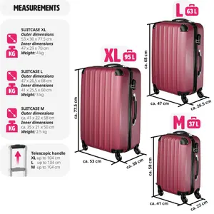 Suitcase Set - 3 hard-shell suitcases with telescopic handle, swivel wheels - red