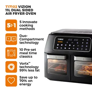 Tower Vortx Vizion Dual Compartment Air Fryer Oven With Digital Touch Panel, 11L, Black