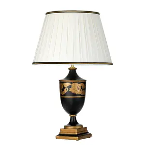 Single Table Lamp Ivory with Black & Gold Trim Shade LED E27 60w Bulb d00426