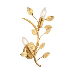 Gold Leaf Twin Wall Light - 2 Bulb Decorative Sonce Fitting - Leaves Design