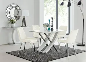 Furniturebox UK Mayfair 4 White High Gloss And Stainless Steel Dining Table And 4 Cream Pesaro Silver Leg Chairs