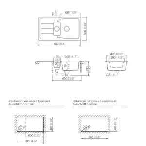 Cooke & Lewis Arber White Composite quartz 1.5 Bowl Sink & drainer 500mm x 900mm