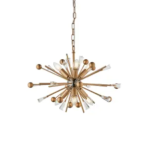 Aged Brass & Black Nickel Ceiling Pendant Light - Clear Crystals - 6 Bulb Lamp