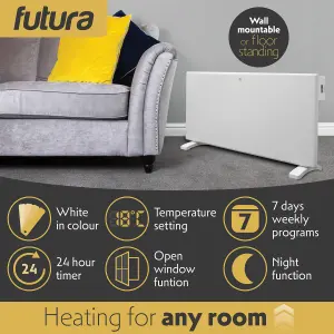 Futura Electric 2000W Radiator Panel Heater Wall Mounted or Floor Standing Bathroom Safe Timer and Thermostat Control