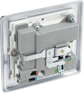 BG Chrome Single 13A Raised slim Switched Screwed Socket with USB, x2 & White inserts