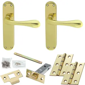 Door Handle & Latch Pack - Polished Brass - Flared End Lever On Rounded Backplate