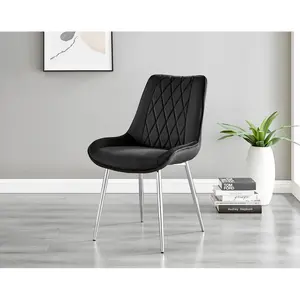 Palermo Velvet Modern Dining Chairs with Tapered Metal Legs & Quilted Diamond Stitching (Set of 2) Black / Silver