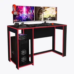 Ryker Gaming Desk Office Computer Table Workstation Black  Red Trim Gamer Tower Shelf