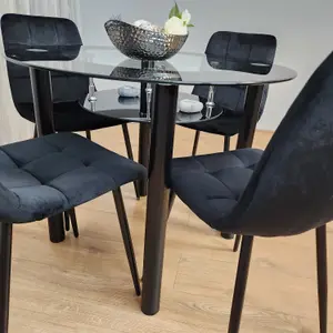 Round Glass Black Kitchen Dining Table With Storage Shelf And 4 Black Tufted Velvet Chairs Kitchen Dining Set