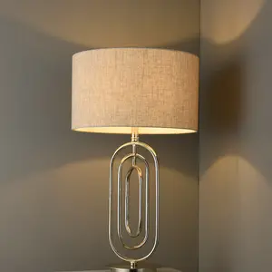 Unique Metal Table Lamp Antique Silver Linen Shade Modern Bedside Feature Light