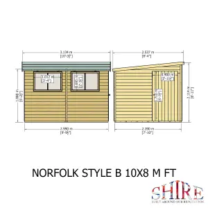 Shire Norfolk Workshop Pent Shed 10x8 Double Door 19mm Loglap Style B