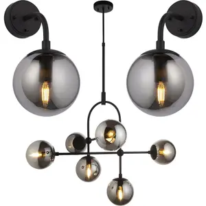 Multi Arm Ceiling Pendant & 2x Matching Wall Lights - Matt Black Frame Grey Tinted Glass Shade Set