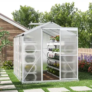 Polycarbonate Greenhouse Aluminium Frame Walk In Garden Green House with Base Foundation,Silver 8x6 ft