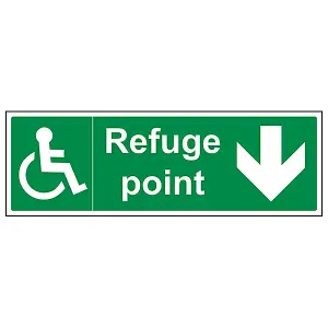 Refuge Point Arrow DOWN Fire Sign - Rigid Plastic - 450x150mm (x3)