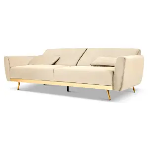 Libbie 3 Seater Click Clack Cream Velvet Sofa Bed with Gold Detail