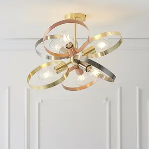 Semi Flush Ceiling Light - Satin Brass & Brushed Copper Plate - 6 x 40W E27 GLS