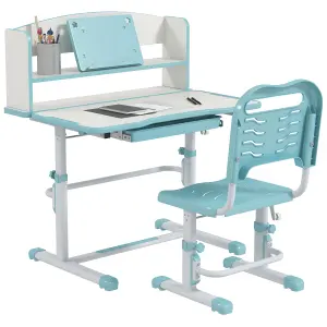 ZONEKIZ Height Adjustable Kids Desk and Chair Set, with Drawer, Bookshelf, Blue