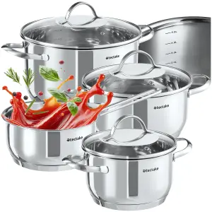 Saucepan Set Bologna - 4 stainless steel pots, 3 glass lids, induction safe & incl. measuring lines - silver