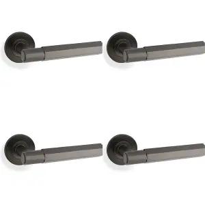 4 PACK - SOLID BRASS Hex Door Handle Set - Dark Bronze Industrial Lever Round Rose