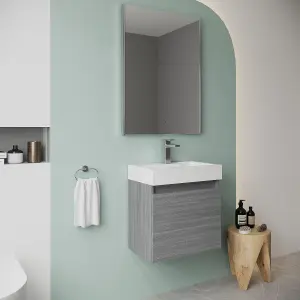 Wall Hung Vanity Basin Unit & Slimline Polymarble Basin - 500mm - Woodgrain Anthracite