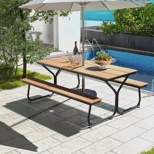 Costway Outdoor Dining Table & 2 Benches Picnic Table Bench Set w/ Umbrella Hole