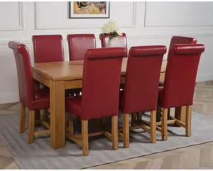 Dakota 182 x 92 cm Chunky Oak Large Dining Table and 8 Chairs Dining Set with Washington Burgundy Leather Chairs