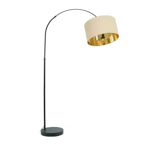 ValueLights Louis Black Arched Curved Floor Lamp with Beige and Gold Inner Shade & LED Bulb