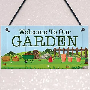 Red Ocean Welcome To Our Garden Sign Hanging Wall Door Shed Sign Gift For Him Her Home Decor Garden Plaques