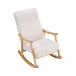 Upholstered Rocking Chair with Velvet Padded Seat Comfortable Rubberwood and High Back Armchair Beige for Living Room