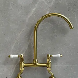 Liquida W23BG Traditional Two Hole Bridge Lever Brushed Gold Kitchen Mixer Tap