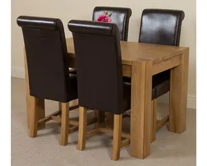 Kuba 125 x 80 cm Chunky Oak Small Dining Table and 4 Chairs Dining Set with Washington Brown Leather Chairs