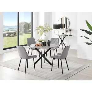 Tierra Modern Chrome Metal & Glass Round Dining Table Set with 4 Luxury Velvet Dining Chairs Black / Grey/Black / 75 x 100 x 100cm