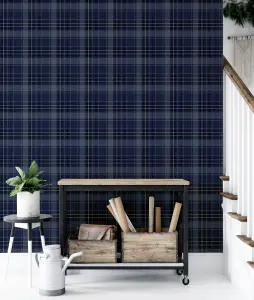 Arthouse Twilled Plaid Navy/Gold Wallpaper