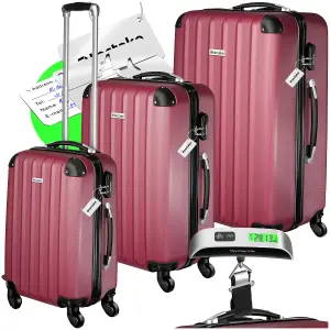 Suitcases Set of 3 - scale, luggage tag, lock included, swivel wheels - burgundy