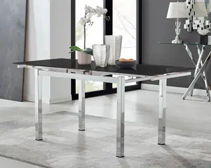 Enna Black Glass Extending Dining Table and 6 Grey Milan Chairs