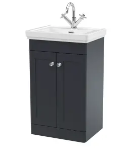 Traditional Floor Standing 2 Door Vanity Unit with 1 Tap Hole Fireclay Basin, 500mm - Soft Black