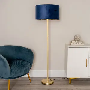 ValueLights Charles Gold Stem Floor Lamp with Navy Blue Velvet with Gold Inner Lamp Shade and LED Bulb