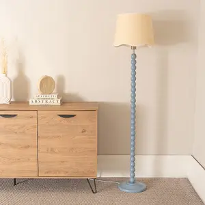 ValueLights Bobbins Powder Blue Floor Lamp with Linen Scallop White Trim Shade and LED Bulb