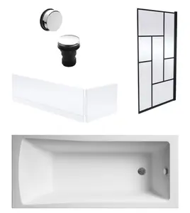 Square Single Ended Bath, Panels, Black Abstract Screen, Chrome Waste-1700x700mm