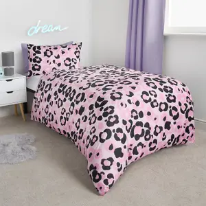 Leopard Reversible Duvet Cover Set Quilt Pillowcases Bedding, Pink - Single