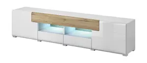 Toledo 40 TV Cabinet in White and Oak San Remo - Sleek Gloss Finish with Cable Management - W2080mm x H480mm x D390mm