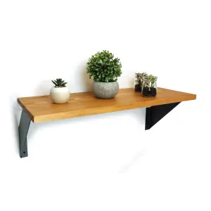 Solid Pine Rustical Shelf Light Oak with Black FLAT Bracket 25x100cm