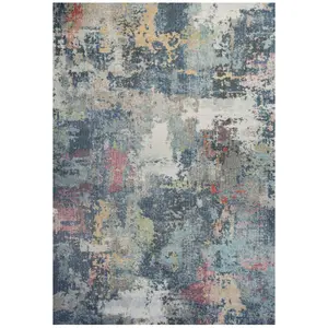 Navy Blue Multicoloured Abstract Distressed Soft Fireside Living Area Rug 60cm x240cm