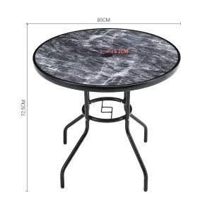 Round Stone Grain Marbling Table Toughened Glass Patio Table Umbrella Hole 80cm Dia