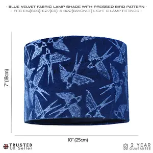 Bird Decorated Navy Midnight Blue Velvet Fabric Lamp Shade with Inner Lining