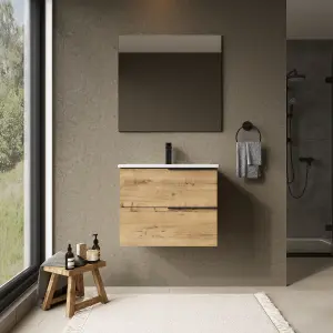 Banyetti Celtic 600mm Wall Hung Basin Unit with Matt Black Handles - Ostippo Oak