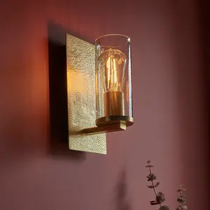 Luminosa Palermo Wall Lamp Hammered Brass Plate, Textured Clear Glass