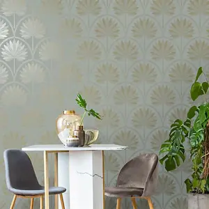 Holden Dusky Blue Metallic Gold Teal Tropical Palm Tree Leaves Feature Wallpaper